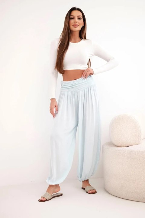 Spodnie damskie wiskozowe z szeroką nogawką i marszczeniami niebieskie