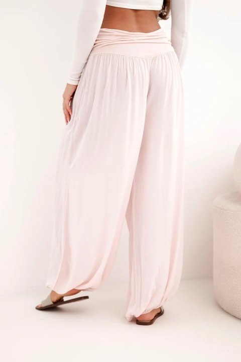 Spodnie damskie wiskozowe z szeroką nogawką i marszczeniami pudrowy róż