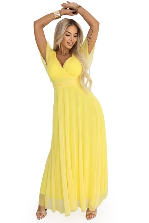 562-8 NASTIA Długa sukienka z dekoltem, wiązaniem i krótkim rękawkiem - cytrynowe limoncello