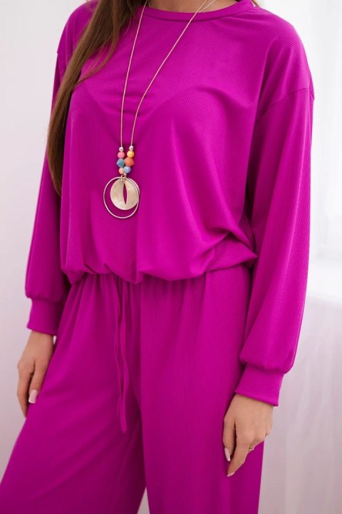Komplet damski wiskozowy bluza z wisiorkiem i szerokie spodnie ciemno fioletowy