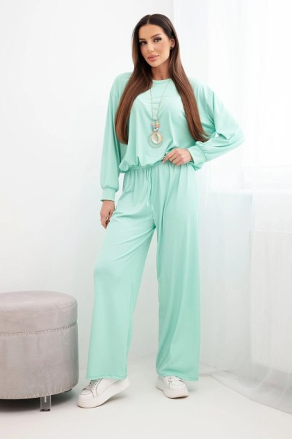 Komplet damski wiskozowy bluza z wisiorkiem i szerokie spodnie miętowy