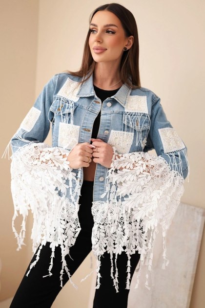 Kurtka jeansowa damska bawełniana z frędzlami i koronką w stylu boho jasno jeansowa