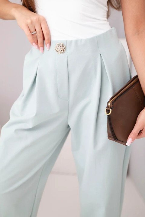 Spodnie damskie bawełniane z wysokim stanem i ozdobnym guzikiem ciemno miętowe