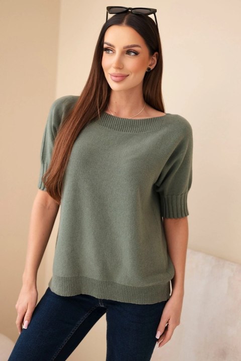Elegancki sweter damski z wiskozy z krótkim rękawem w modnym odcieniu khaki