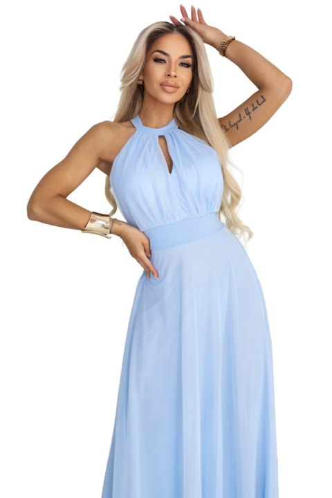 662-1 Elegancka sukienka wieczorowa maxi halter z tiulem i wiązaniem w talii - błękitna