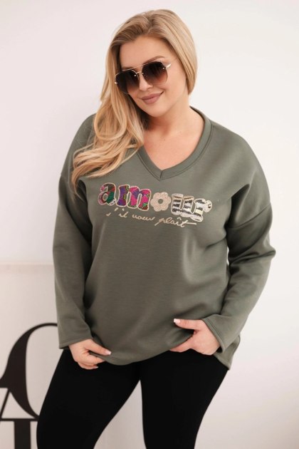 Bluza damska Plus Size z napisem i dekoltem V khaki