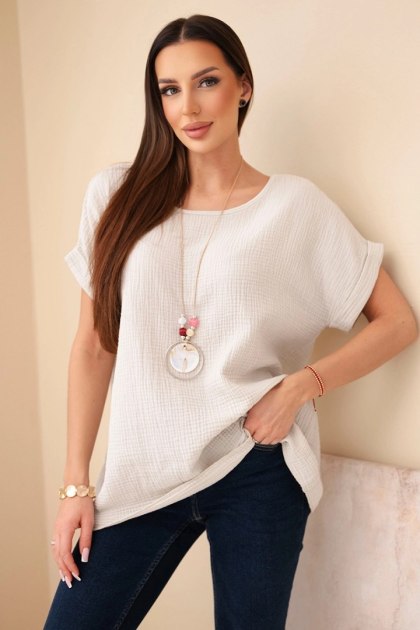 Bluzka muślinowa z naszyjnikiem beżowa