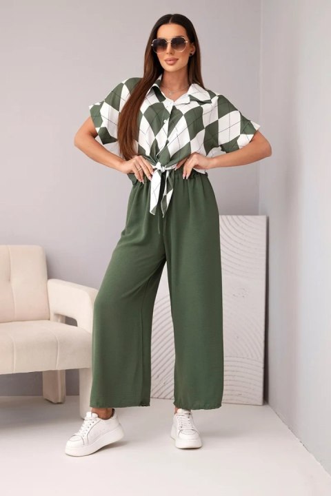 Komplet wiskozowy khaki z koszulą z wiązaniem i spodniami na gumce