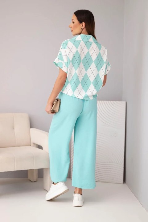Komplet damski wiskozowy koszula z wiązaniem i spodnie z gumką miętowa