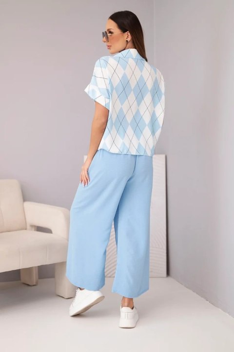 Komplet damski wiskozowy koszula z wiązaniem i spodnie z gumką niebieski