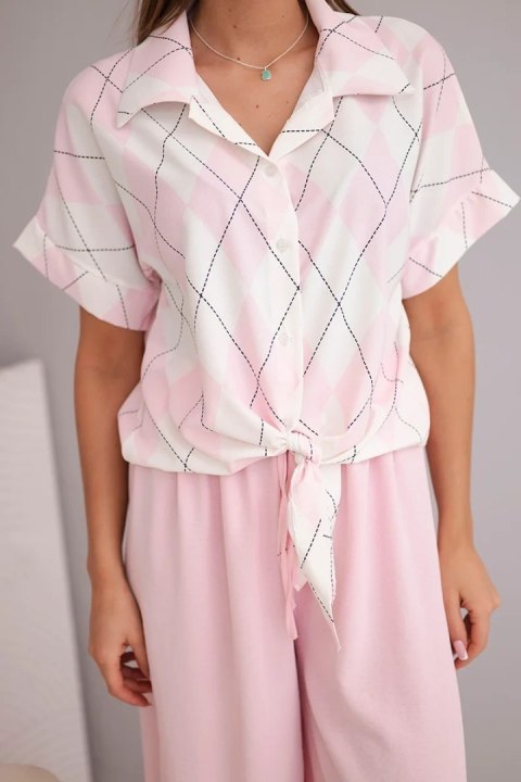 Komplet damski wiskozowy koszula z wiązaniem i spodnie z gumką pudrowy róż