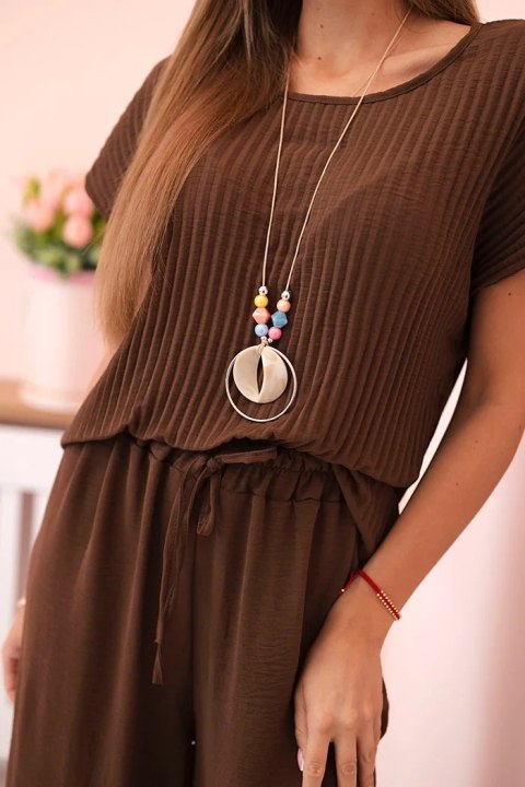 Komplet z wiskozy bluzka plisowana + spodnie brązowy