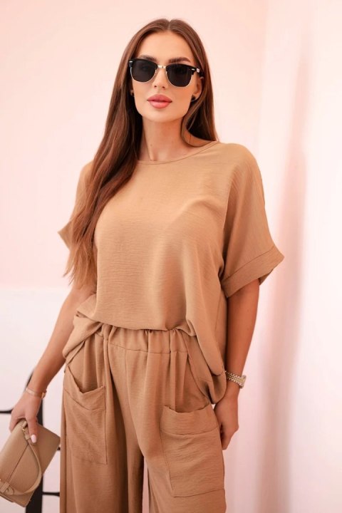 Komplet z wiskozy bluzka + spodnie camelowy