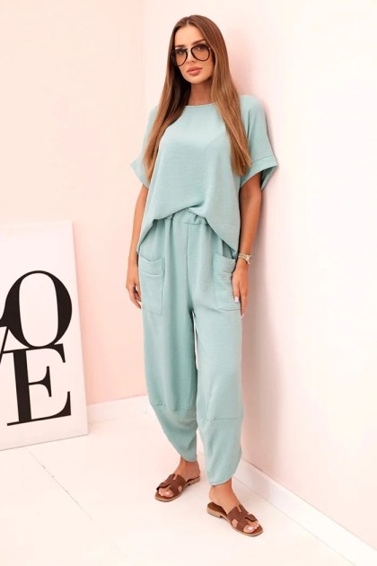 Komplet z wiskozy bluzka + spodnie ciemny miętowy