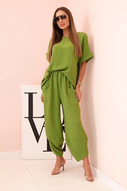 Komplet z wiskozy bluzka + spodnie oliwkowy