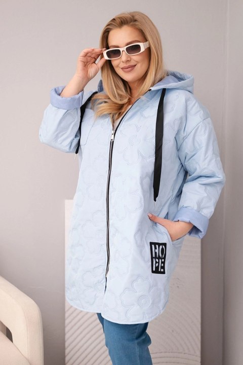 Niebieska kurtka damska Plus Size pikowana z kapturem i motywacyjnym napisem HOPE