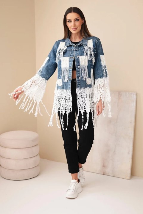 Kurtka jeansowa damska bawełniana z frędzlami i koronką w stylu boho ciemno jeansowa