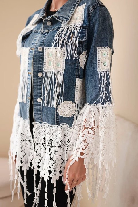 Kurtka jeansowa damska bawełniana z frędzlami i koronką w stylu boho ciemno jeansowa