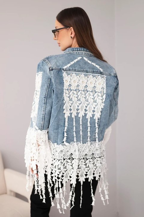 Kurtka jeansowa damska bawełniana z koronką i frędzlami  ciemno jeansowa