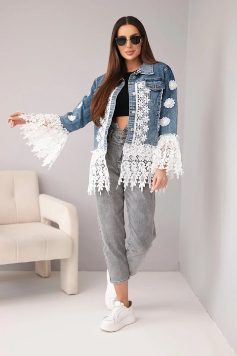 Kurtka jeansowa damska bawełniana z kwiatową koronką i frędzlami