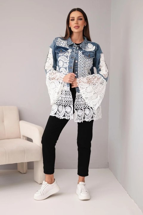 Ciemnojeansowa kurtka damska bawełniana z ażurową koronką