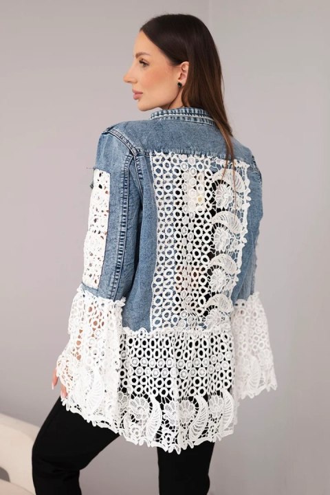 Kurtka jeansowa damska z bawełny i ażurową koronką ciemno jeansowa