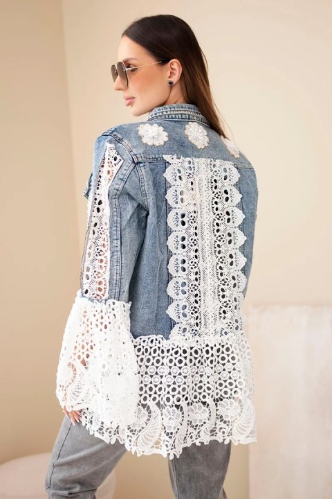 Kurtka jeansowa damska z bawełny i kwiatową koronką ciemno jeansowa