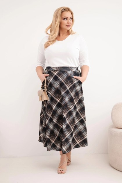 Spódnica damska Plus Size w kratę z szerokim dołem czarna