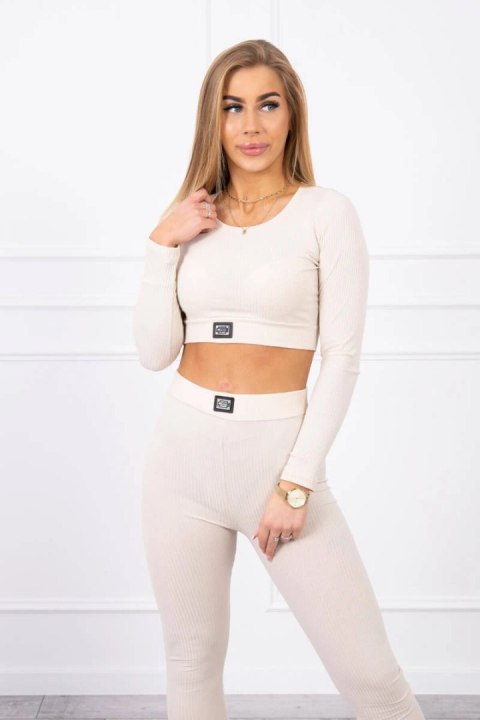 Jasnobeżowy komplet prążkowany 2w1 – krótki top oraz bluzka typu longsleeve