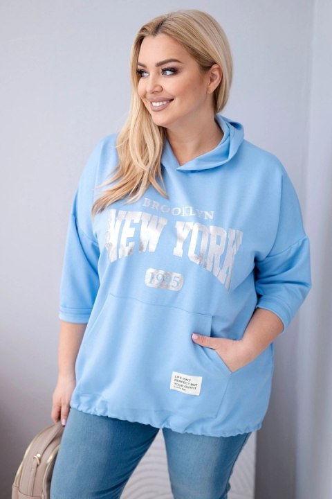 Niebieska bluza damska Plus Size wiskozowa z kapturem