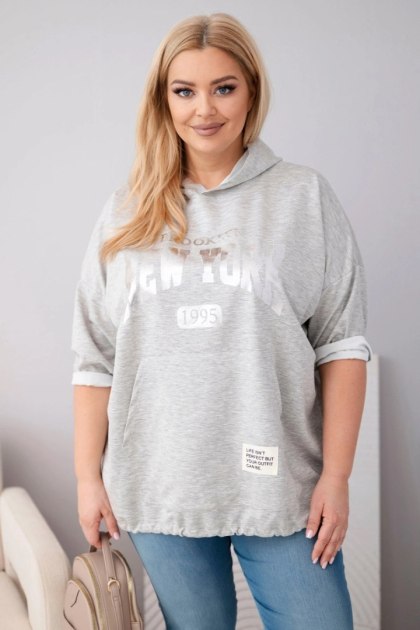 Bluza damska Plus Size wiskozowa z kapturem i kieszenią kangurką szary melanż
