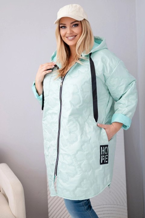 Kurtka damska Plus Size pikowana z kapturem i napisem HOPE jasno miętowa