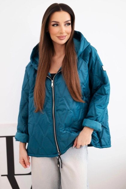 Kurtka damska wiosenna pikowana z kapturem i zamkiem morska