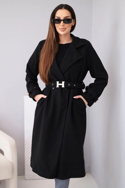 Płaszcz damski z paskiem i złotymi klamrami czarny