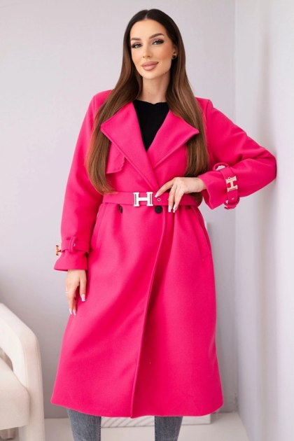 Płaszcz damski z paskiem i złotymi klamrami fuksja
