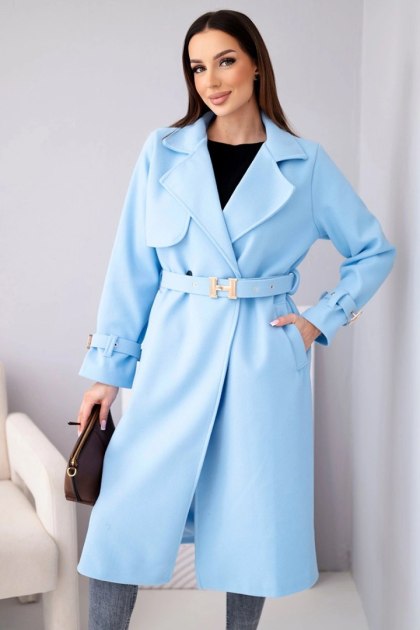 Płaszcz damski z paskiem i złotymi klamrami niebieski