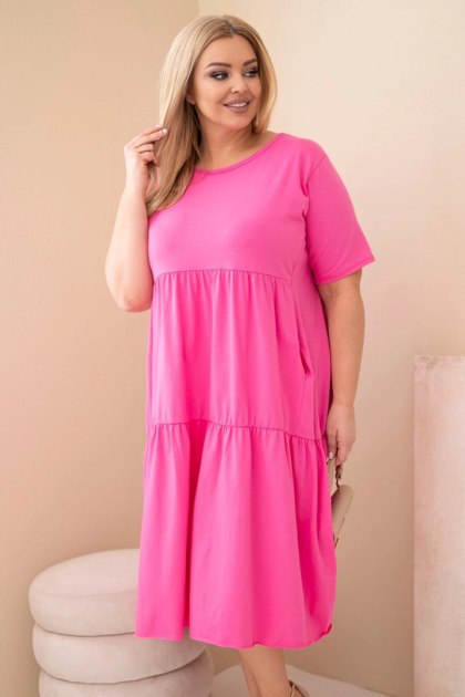 Sukienka damska bawełniana Plus Size z krótkim rękawem i falbaną różowa