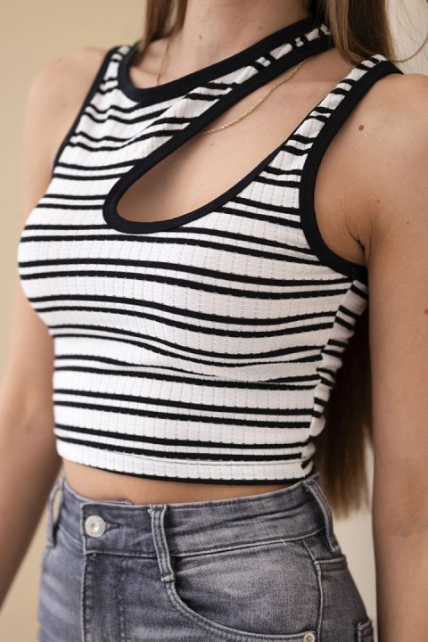 Czarny top damski prążkowany w paski z modnym wycięciem