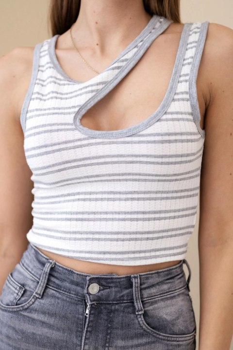 Szary top damski prążkowany bez rękawów w paski z wycięciem