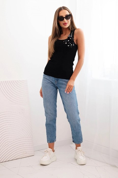 Top damski prążkowany z bawełny i aplikacją kwiatową czarna