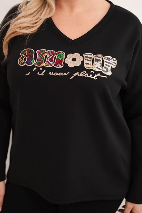 Bluza damska Plus Size z napisem i dekoltem V czarna