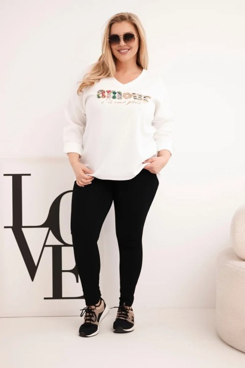 Bluza damska Plus Size z napisem i dekoltem V ecru