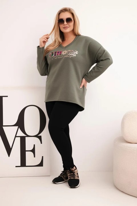 Bluza damska Plus Size z napisem i dekoltem V khaki