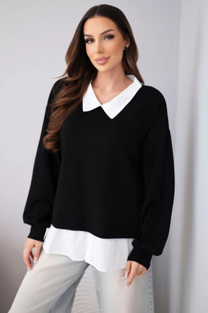 Bluza damska masełkowa z wiskozy i z koszulową wstawką czarna