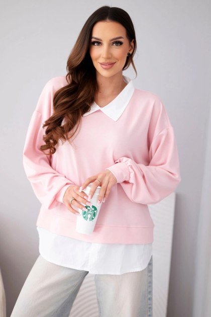 Bluza damska masełkowa z wiskozy i z koszulową wstawką jasno różowa