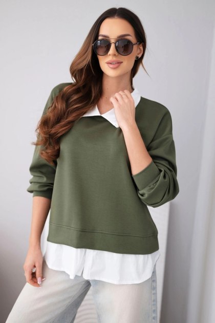 Bluza damska masełkowa z wiskozy i z koszulową wstawką khaki