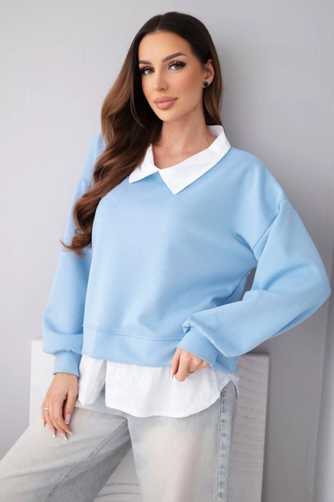 Bluza damska masełkowa z wiskozy i z koszulową wstawką niebieska