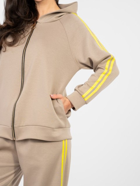 Komplet damski masełko – dwuczęściowy zestaw z rozpinaną bluzą i kapturem ciemno beżowy