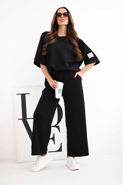 Czarny komplet damski masełkowy z wiskozy – szeroka nogawka i luksusowa miękkość