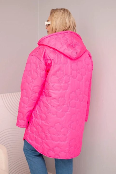 Kurtka damska Plus Size pikowana z kapturem i napisem HOPE różowy neon